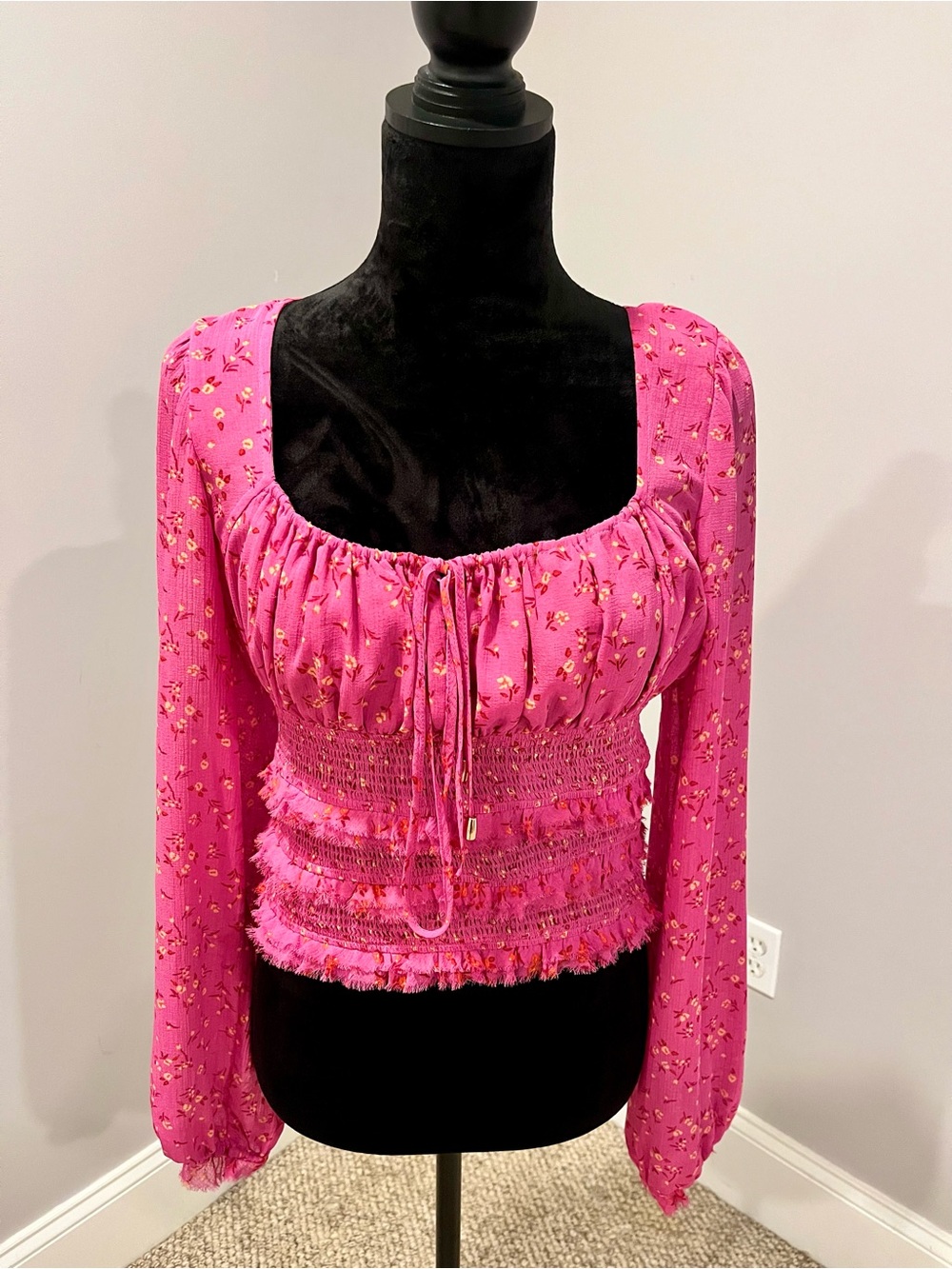 Free People Pink Floral Smocked Long-Sleeve Top- small